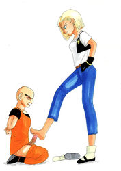 android_18 bald dragon_ball dragon_ball_z female femdom footjob human jeans kneeling krillin kuririn looking_down male malesub one_bare_foot penis shoes shoes_removed socks socks_removed standing standing_footjob straight