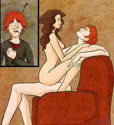 ! 1boy 1girls armchair brown_hair brunette chair cowgirl_position dreaming duo female freckles ginger_hair happy harry_potter harry_potter_and_the_philosopher's_stone hermione_granger hetero light_skin male mirror_of_erised nude parted_lips red_hair redhead ron_weasley sex shocked smile straight stuckinthe90s surprised teeth watching