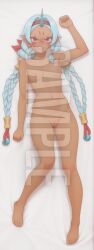 1girls ai_generated angry blush breasts dakimakura dark-skinned_female dark_skin female full_body hi_res high_resolution highres horn looking_at_viewer lying lying_on_back naked nipples patreon pussy red_eyes sleeplessnighty small_breasts solo solo_focus tagme watermark white_hair