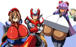 beauty_mark blonde_hair blue_eyes blush breasts brown_hair capcom dark_skin gigantic_breasts green_eyes hair iris_(mega_man) kloah layer mega_man mega_man_x pallette purple_hair zero_(mega_man)