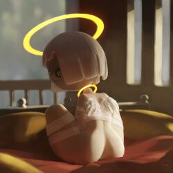 1girls 3d angel_(otalewda) angel_wings artist_signature ass background bandage bandaged_arm bandaged_chest bandaged_leg bandages bed butt female golden_eyes halo otalewda partially_clothed render sarashi white_body white_hair white_skin wings