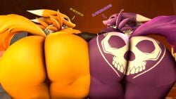 2girls 3d asriren ass ass_bigger_than_head bickering big_ass big_butt blender digimon earrings english_text fat_ass fat_butt female female/female female_only huge_ass huge_butt naked no_genitals no_sex nude presenting_hindquarters purple_body purple_fur renamon render rona_(asriren) skull_tattoo skunk talking_to_another tattoo text thick_thighs vulpine warfaremachine_(modeler) yellow_body yellow_fur