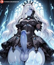 ai_generated balls blue_eyes church crown dark_sclera dress flames from_below futanari gloves glowing_eyes gothic hand_on_own_face intersex large_penis long_gloves long_hair looking_at_viewer misratim monster_girl monster_girl_encyclopedia parted_lips patreon penis skirt thighs white_hair