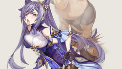 1boy ahe_gao black_legwear breasts clothed_sex commentary covered_nipples dress earrings emphasis_lines eyeliner female genshin_impact hair_ornament heart heart-shaped_pupils hilichurls_(species) interspecies jewelry keqing_(genshin_impact) long_hair makeup male medium_breasts open_mouth pink_eyes purple_dress purple_hair rape sex sex_from_behind speed_lines standing standing_sex symbol-shaped_pupils tongue tongue_out toranpo_rintarou torso_grab twintails very_long_hair white_background
