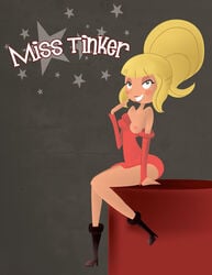 1girls a_kind_of_magic bare_shoulders blonde_hair blunt_bangs blush_stickers character_name facing_viewer green_eyes grin high_heel_boots high_ponytail looking_at_viewer miss_tinker monkeycheese no_bra one_breast_out simple_background sitting solo sweater_dress tagme