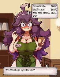 apron apron_only big_breasts blush breasts cafe cup female female_only hex_maniac iced_latte_with_breast_milk krutr_(artist) long_hair looking_at_viewer meme menu nervous pokemon sideboob smiling smiling_at_viewer text text_box white_skin