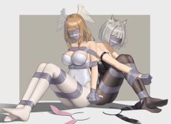 2girls absurd_res arms_behind_back arms_bound arms_bound_to_legs black_legwear black_leotard black_pantyhose blindfold blindfolded bondage bound bound_together breasts brown_hair bunny_ears bunnysuit cat_ears catgirl cleavage core_crystal eunie_(xenoblade) female female_only femsub gag gagged head_wings highres large_breasts latex legwear leotard light-skinned_female light_skin long_hair medium_breasts mio_(xenoblade) monolith_soft nintendo pale-skinned_female pale_skin pantyhose short_hair silver_hair submissive submissive_female tape tape_blindfold tape_bondage tape_gag taped_mouth thick_thighs thighs white_legwear white_leotard white_pantyhose wings wo_cao_xiao xenoblade_(series) xenoblade_chronicles_3