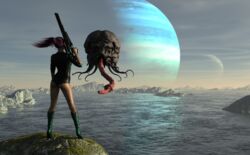 3d 3d_(artwork) alien alien_penis alien_planet atmospheric clothed clothed_female gun ponytail purple_hair sci-fi wet_skin wrecked3d