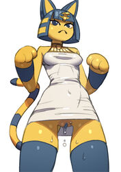 1girls animal_crossing ankha anthro bottomless felid feline felis female fur furry furry_only nintendo nopan partially_clothed peakbuns pose pussy pussy_juice skirt solo standing tail topwear upskirt white_background white_dress