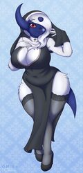 absol anthro big_breasts breasts complextree cute female female_only furry game_freak hair_over_one_eye looking_at_viewer nintendo nun nun's_habit pokemon pokemon_(species) red_eyes snowflake_background solo solo_female tagme thick_thighs thighhighs tight_clothing voluptuous wide_hips