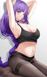 1girls beauty_mark blush breasts choker crop_top genshin_impact large_breasts midriff mole mole_under_eye navel nevin_(flyskying) pantyhose purple_eyes purple_hair raiden_shogun sports_bra workout