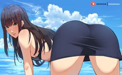 1girls ass background cloudy_sky crawl dark_hair green_eyes hifumi_togo keisuke_aero long_hair looking_at_viewer looking_back persona persona_5 sea seaside skirt sky swimsuit swimwear