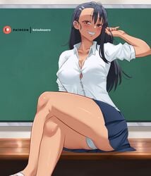 1girls ass big_breasts black_hair clothed clothed_female clothes crossed_legs female female_only hand_on_hair hayase_nagatoro keisuke_aero long_hair panties pantsu please_don't_bully_me,_nagatoro school school_desk school_uniform schoolgirl sitting skirt smile solo thighs