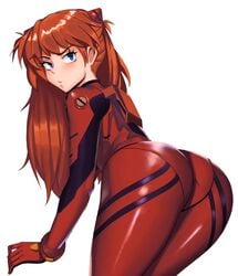 1girls ass asuka_langley_sohryu blush bodysuit clothed clothed_female clothes clothing dat_ass female female_only fully_clothed kevbot looking_at_viewer looking_back neon_genesis_evangelion solo tight_clothing white_background