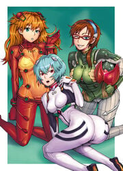 3girls artist_request ass asuka_langley_sohryu big_ass blue_hair bodysuit breasts brown_hair clothing curvy erect_nipples erect_nipples_under_clothes female glasses human large_breasts light_skin light_skinned_female long_hair mari_illustrious_makinami medium_breasts multiple_girls neon_genesis_evangelion orange_hair pale-skinned_female pale_skin plugsuit rebuild_of_evangelion rei_ayanami short_hair skin_tight small_breasts test_plugsuit thick_thighs trio wide_hips