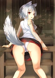 animal_ears bluekalmia cameltoe looking_at_viewer looking_back momiji_inubashiri panties pussy_juice red_eyes skirt skirt_lift tagme tail thighs touhou wet_panties white_hair white_panties wolf_ears wolf_girl wolf_tail