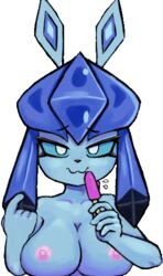 2021 5_fingers animated anthro anthrofied areola bedroom_eyes big_breasts black_nose blue_body blue_fur blue_sclera breasts eeveelution fangs female fingers food fur glaceon holding_food holding_object holding_popsicle inviting licking_popsicle looking_at_viewer low_res narrowed_eyes nebssik nintendo nipples nude pink_nipples pokémon_(species) pokémorph pokemon popsicle seductive short_playtime smile solo tongue tongue_out video_games white_eyes