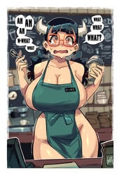 1girls absurd_res animal_humanoid apron apron_only big_breasts blush bodily_fluids bovid bovid_humanoid bovine bovine_humanoid breasts cafe cattle_humanoid cleavage clothing cup eclair_(skarpworld) eyewear female female_only gerph glasses hi_res horn huge_breasts humanoid iced_latte_with_breast_milk looking_at_viewer mammal mammal_humanoid marker meme mostly_nude open_mouth skarp_world solo speech_bubble sweat sweating text thick_thighs white_body white_skin wide_hips