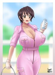 1girls artist_signature azraelwebster big_breasts blush bottle breasts brown_eyes brown_hair bucket cleavage clothed clothed_female collarbone eyebrows_visible_through_hair eyelashes female female_only full-length_zipper gloves holding holding_bottle holding_bucket holding_object human human_only idolmaster idolmaster_cinderella_girls jumpsuit large_breasts milk_bottle oikawa_shizuku open_mouth outdoors shizuku_oikawa short_hair smile solo solo_female standing wide_hips zipper