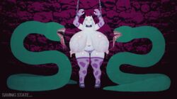 belly belly_button big_breasts bite_mark bondage boss_monster brick_wall chained cow_print deepmovth elbow_gloves goat high_heels horns huge_breasts hyper hyper_breasts lactation milk monster open_mouth restrained saliva saliva_string stockings teeth tongue tongue_out toriel undertale wide_hips