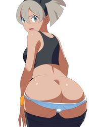 1girls ass bea_(pokemon) eye_contact female grey_eyes grey_hair hair_ribbon looking_at_viewer looking_back monkeyhead nintendo panties pokemon pokemon_ss short_hair solo thick_thighs thighs undressing white_background