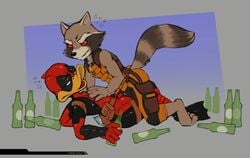 beer_bottle bottle canon_couple canonical_sex clothed deadpool_the_duck frottage gay gay_sex kissing male/male male_only marvel rocket_raccoon saliva sex tobbywolf