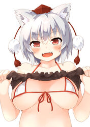 animal_ears bikini bluekalmia blush breasts fangs looking_at_viewer momiji_inubashiri presenting_breasts red_eyes shirt shirt_lift tagme touhou white_background white_hair wolf_ears wolf_girl