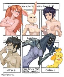 6girls animal_crossing anthro asuka_langley_sohryu beastars dancer_of_the_boreal_valley dark_souls dark_souls_3 frame fromsoftware gorillaz haru_(beastars) isabelle_(animal_crossing) kyoka_jiro meme multiple_girls my_hero_academia neon_genesis_evangelion nintendo noodle_(gorillaz) nude panels peakbuns picking_nose short_hair six_fanarts_challenge small_breasts