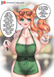 1girls alternate_breast_size apron aqua_eyes big_breasts breasts eye_contact eyewear_on_head female glasses huge_breasts iced_latte_with_breast_milk large_breasts looking_at_viewer luex meme nintendo orange_hair pokemon pokemon_ss side_ponytail solo sonia_(pokemon) speech_bubble standing text thick_thighs thighs wide_hips