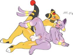 ampharos anthro anthrofied artply balls bite blush duo ear_bite eeveelution espeon female from_behind_position genitals glowing looking_pleasured male male/female nintendo penetration penis pokémon_(species) pokemon pokemon_(species) pokemorph pussy raised_leg sex vaginal_penetration video_games