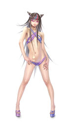 1girls bikini black_hair black_nails black_toenails blue_highlights bracelet breasts danganronpa ear_piercing earrings feet female hair_cones hand_on_hip hand_on_thigh high_heels jewelry lip_piercing long_hair looking_at_viewer looking_over_eyewear looking_over_glasses looking_over_sunglasses mioda_ibuki navel nyarko open-toe_heels open_toe_shoes piercing pink-tinted_eyewear purple_eyes purple_highlights ring shiny_breasts simple_background solo standing stitched straight_hair striped_bikini stripper_heels sunglasses tinted_eyewear toes tongue tongue_out torn_bikini white_highlights