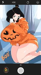 big_ass black_hair camera_view green_eyes halloween huge_breasts moimoikha pumpkin pumpkin_boobs smartphone tagme