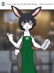 1girls annoyed black_hair blush bunny_ears bunny_girl fur furry green_eyes iced_latte_with_breast_milk looking_at_viewer meme nat_(vesperinox) original partially_clothed short_hair text vesperinox