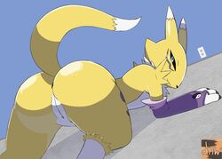 all_fours anthro anus ass bandai_namco bedroom_eyes better_version_at_source canid canine digimon digimon_(species) female fox genitals mammal narrowed_eyes presenting presenting_hindquarters pussy raised_tail reallydarkandwindie renamon seductive solo thick_thighs