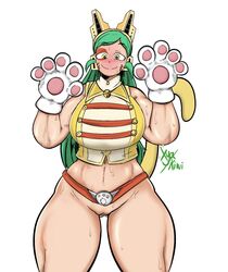 big_breasts blush bottomless cat_ears cat_paws cat_tail curvy green_hair headwear huge_breasts midriff milf muscular muscular_female my_hero_academia pussy pussy_juice ragdoll_(my_hero_academia) sleeveless sleeveless_shirt smile smug sweat sweatdrop thick_thighs thunder_thighs tomoko_shiretoko voluptuous wide_hips xyakiwi yellow_eyes