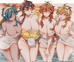 4girls big_breasts blue_eyes blue_hair blush breasts brown_hair childe_(genshin_impact) crow_3434 dark-skinned_female diluc_(genshin_impact) genderswap genderswap_(mtf) genshin_impact ginger kaeya_(genshin_impact) light-skinned_female multiple_girls orange_hair red_eyes red_hair robe rubber_duck rule_63 tartaglia_(genshin_impact) thick_thighs thighs yellow_eyes zhongli_(genshin_impact) zhongli_jiejie