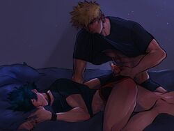 2boys biting_clothes blonde_hair bodily_fluids choker closed_eyes clothed clothing danger_wank gay genital_fluids genitals green_eyes hand_on_penis holy_arts izuku_midoriya katsuki_bakugou lying_down lying_on_side male male/male male_only masturbation my_hero_academia on_side penis precum precum_drip shirt_in_mouth shorts sleeping somnophilia spiky_hair stroking_penis yaoi