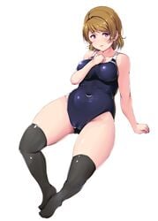 1girls ass belly_button big_breasts blush breasts brown_hair feet female female_only hi_res high_resolution highres koizumi_hanayo love_live! love_live!_school_idol_project mostly_clothed one-piece_swimsuit purple_eyes shinonon shinonon_(iso_shino) thick_thighs thighhighs thighs