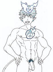 3/4_view abs ao_no_exorcist athletic_male balls bara bara_tits belly_button blue_eyes blue_fire blue_hair cock demon demon_boy demon_tail dick exorcist fangs fingers hands_on_hips latin_tamer line_art muscular_male naked nipples nude nude_male okumura_rin penis penis_out penis_vein pointy_ears portrait pubic_hair shaved_balls six_pack sketch solo_male surprised_expression teenage_boy teenager testicles uncensored uncircumcised uncut