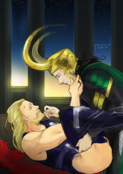 2014 2boys adoptive_siblings ass beard blonde_hair facial_hair gay horned_helmet horns human human_only imminent_sex light-skinned_male light_skin loki_(marvel) male male/male male_only marvel marvel_cinematic_universe missionary_position muscular_male partially_clothed ponderosa thor_(marvel) thor_(series) undressing yaoi