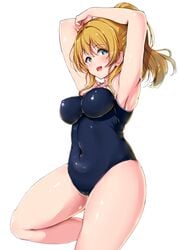 1girls armpits ass ayase_eli belly_button big_breasts blonde_hair blue_eyes breasts female female_only hi_res high_resolution highres looking_at_viewer love_live! love_live!_school_idol_project one-piece_swimsuit shinonon shinonon_(iso_shino) solo thick_thighs thighs