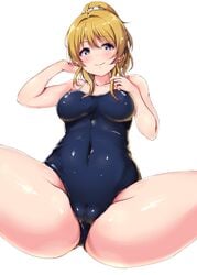 1girls ass ayase_eli belly_button big_breasts blonde_hair blue_eyes breasts cameltoe female female_only hi_res high_resolution highres legs_spread love_live! love_live!_school_idol_project one-piece_swimsuit shinonon shinonon_(iso_shino) thick_thighs thighs