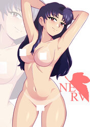 1girls armpits arms_behind_head big_breasts blush breasts busty censored female female_only large_breasts long_hair mature mature_female mature_woman misato_katsuragi morfinared navel neon_genesis_evangelion nerv nude pose purple_hair sensual sexy_armpits smile solo tanline thick_thighs thighhighs voluptuous