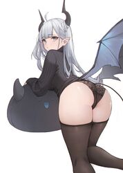 1girls ass blue_eyes cowlick demon demon_girl demon_horns demon_tail ear_piercing horn horns long_hair looking_at_viewer looking_back nekojira original original_character panties pointy_ears stockings sweater tail thick_ass thick_thighs thighhighs thighs white_background white_hair wings