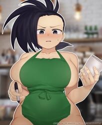 1girls amadeen apron apron_only bare_shoulders black_eyes black_hair breasts cleavage holding_pen huge_breasts human iced_latte_with_breast_milk indoors large_breasts long_hair looking_at_viewer meme momo_yaoyorozu my_hero_academia naked_apron nude_apron standing starbucks