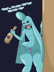 alcohol anthro ass big_ass blue_body blue_skin bottle drunk drunk_bubbles english_text holding_bottle holding_object intoxicated nintendo open_mouth panties pink_panties pokémon_(species) pokemon pokemon_rse small_breasts text thick_thighs wall wynaut wynette