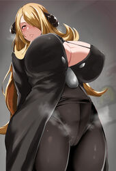 1girls alternate_breast_size big_breasts black_coat black_pants blonde_hair curvaceous curvy cynthia_(pokemon) erect_nipples_under_clothes fur_trim game_freak hair_covering_eye hair_ornament huge_breasts human large_breasts long_hair nintendo pokemon pokemon_dppt ratetaso standing steaming_body thick_thighs