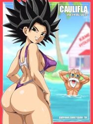 1boy 1girls ass big_ass big_breasts bikini black_eyes black_hair breasts caulifla digital_media_(artwork) dragon_ball dragon_ball_super dragon_ball_z english_text eye_contact female huge_ass looking_at_viewer master_roshi muten_roushi old_man older_male saiyan sano-br sideboob text thick_thighs younger_female