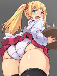 ass ass_focus bewitching_thighs blonde_hair blue_eyes high_thighs huge_ass kawacchi_hirohiro looking_back original panties posterior_cleavage skirt smile solo solo_female thick_thighs twintails upskirt white_panties