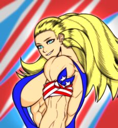 1girls abs american_flag armwear back_muscles bandana biceps big_breasts blonde_hair blue_eyes breasts breasts_out buff cathleen_bate female female_focus female_only hair hensket light-skinned_female light_skin long_hair looking_at_viewer loose_clothes loose_shirt muscles muscular muscular_female my_hero_academia shoulders side_view sideboob smile smirk smirking solo solo_female solo_focus star_and_stripe_(my_hero_academia) tank_top